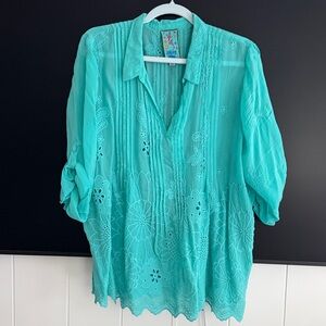 Johnny Was Turquoise Embroidered Button-Front Tunic